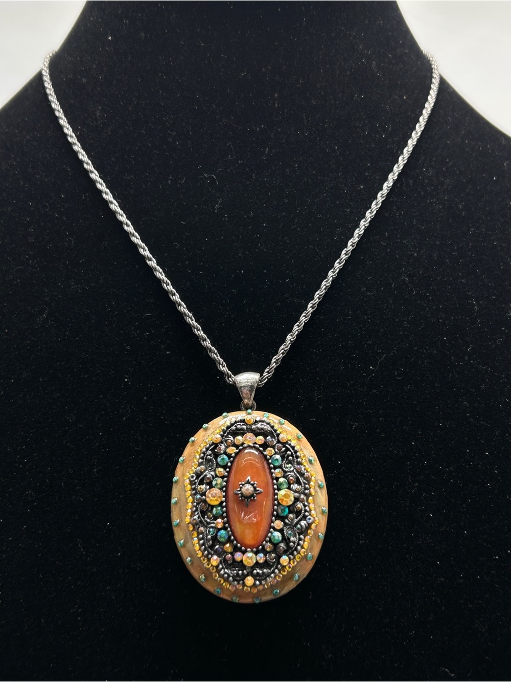 Vintage Silver Locket, Enamel, Crystals, Turquoise, Orange, Gold